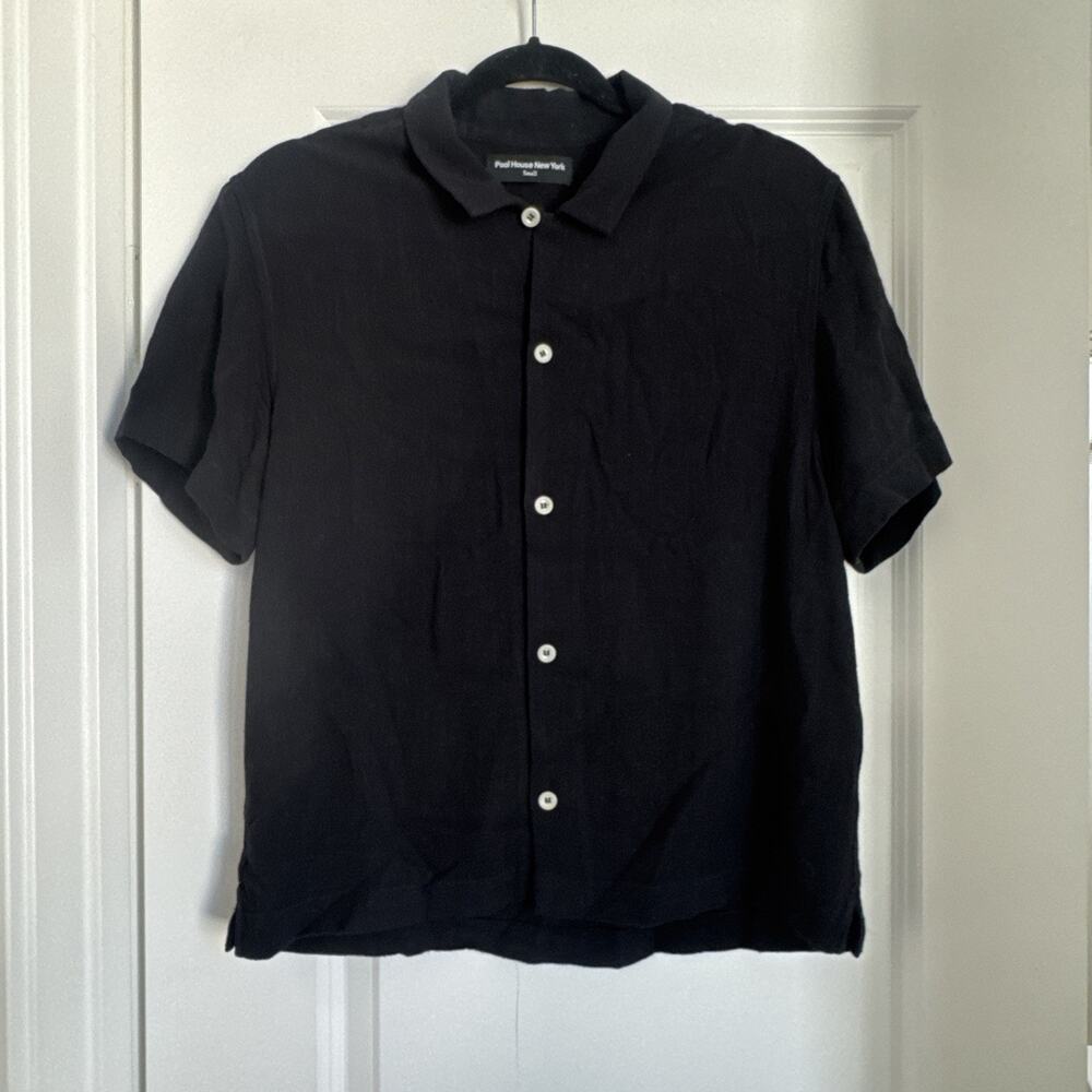 Pool House New York Rosewood Crop Button-Up II Linen Shirt Black Size Small